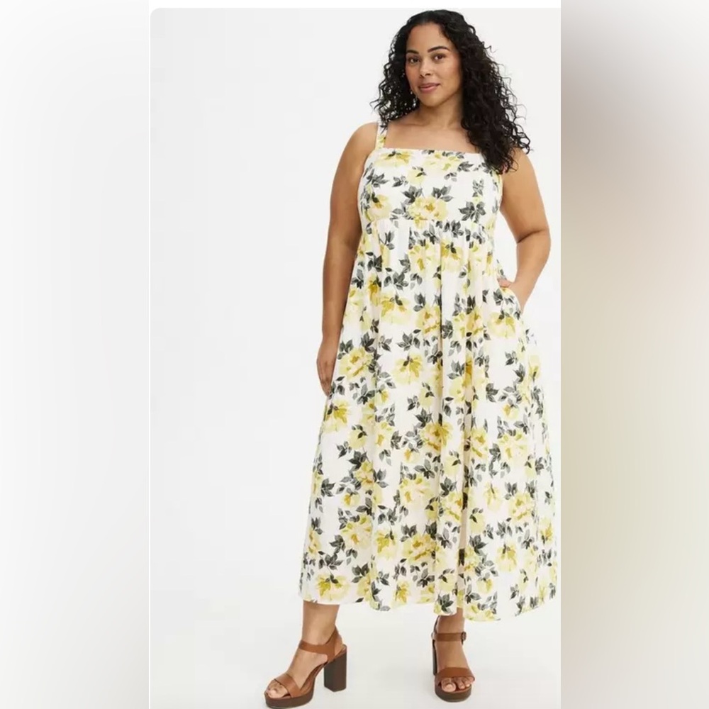 Torrid Ivory Floral Challis Midi Skater Sleeveless Dress - Picture 4 of 9